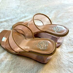 Vince Camuto Shoes Womens 7.5 Clear Nude Sevellin Square Toe Wedge Sandal